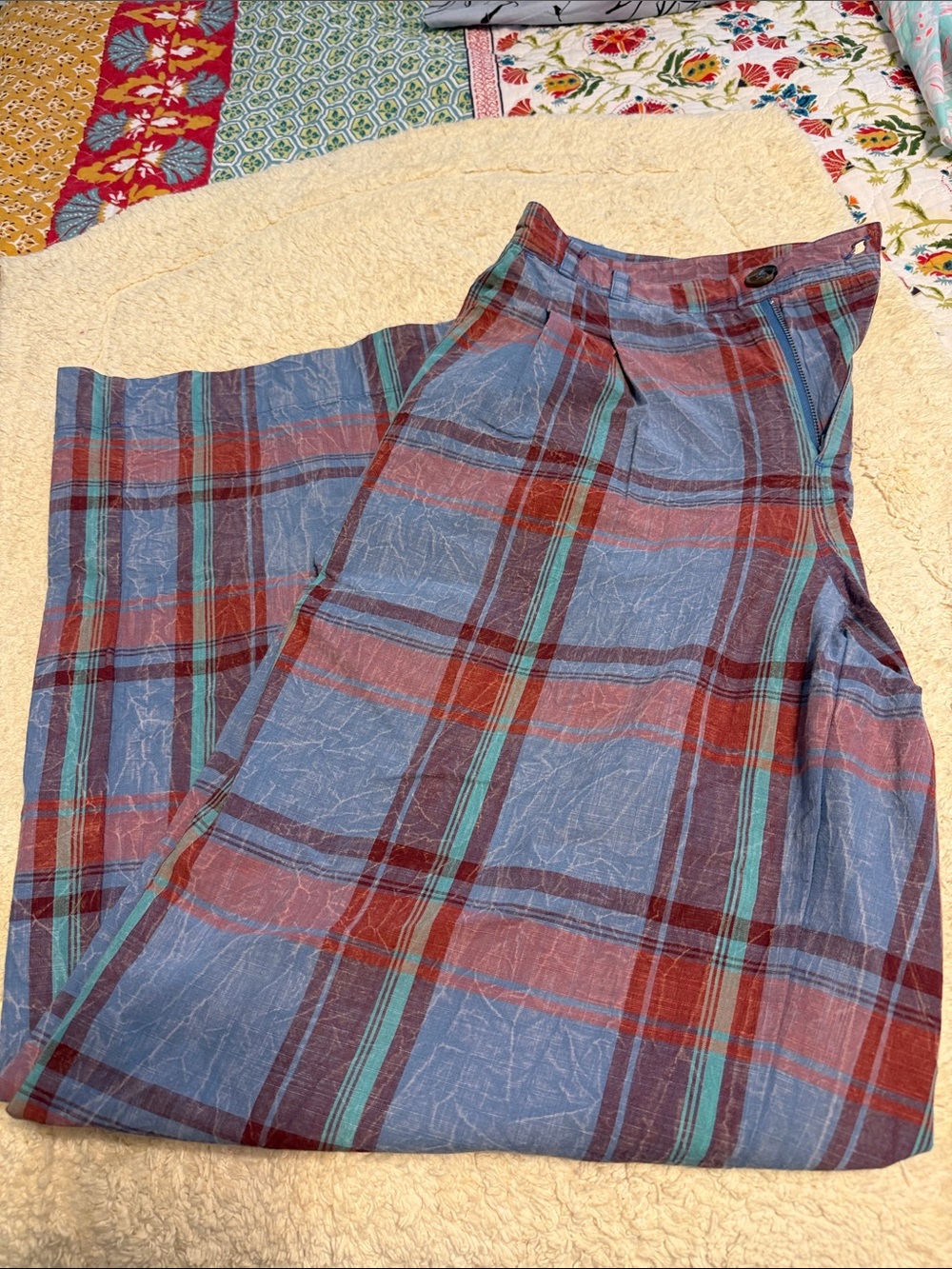 Womens Blue & Red Plaid Casual Trousers